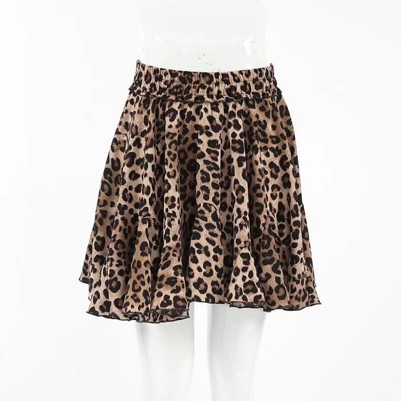 

European and American New Sexy Leopard Print Curling Elastic Band Slimming Skirt Sexy Leopard Print Skirt Brown S
