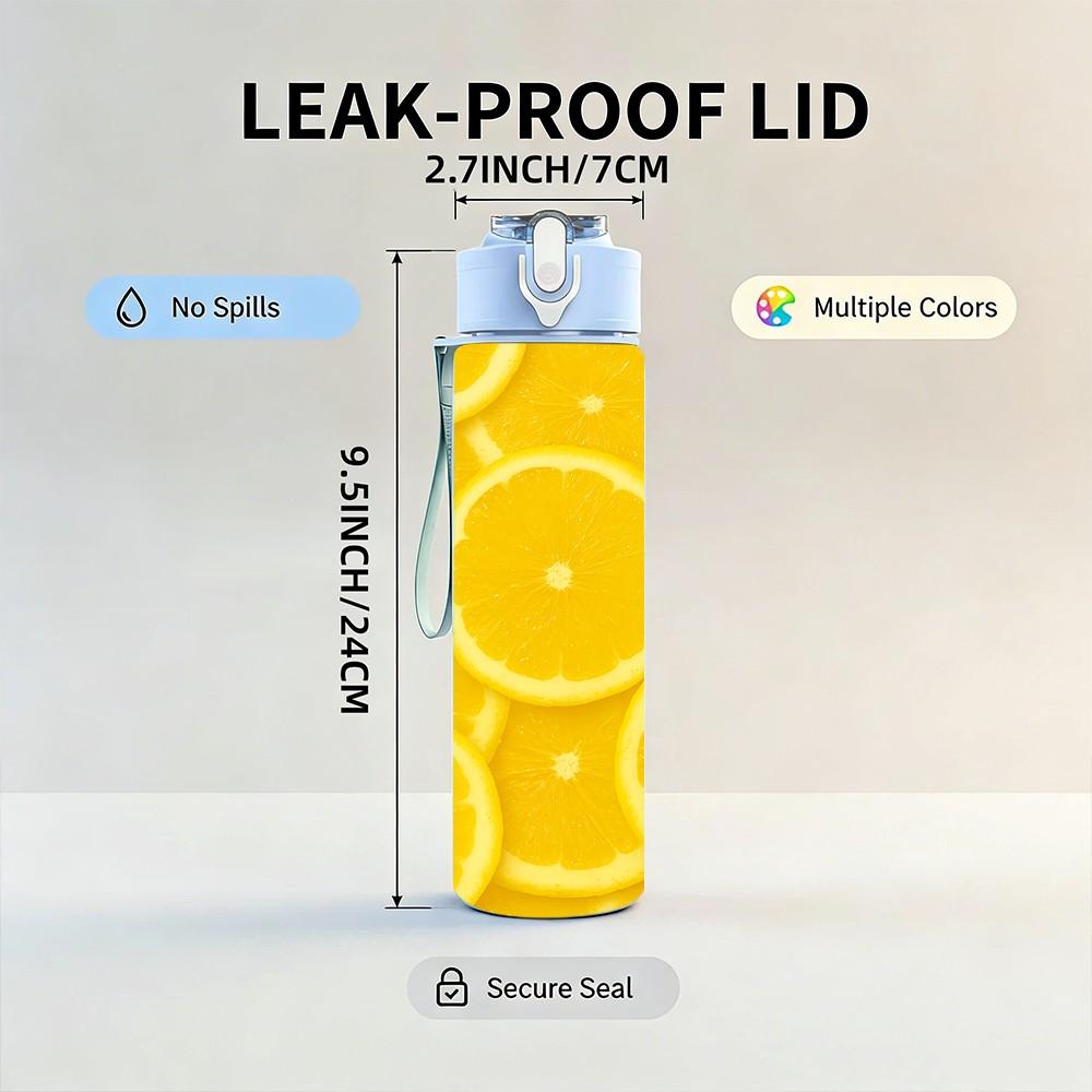 1PC Yellow Lemon Slice Repeat Print 750ml Color Plastic Sports Water Bottle Leakproof Flip Straw Lid Suitable for Sports Office Home Use