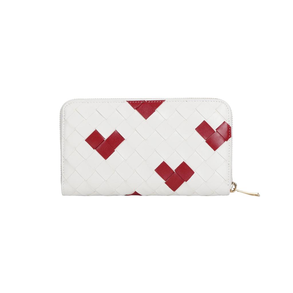 Bottega Veneta Intrecciato Woven Heart Design Zipper Around Leather Wallet Women Wallet Chalk-White Deep-Red 814674V57O39140