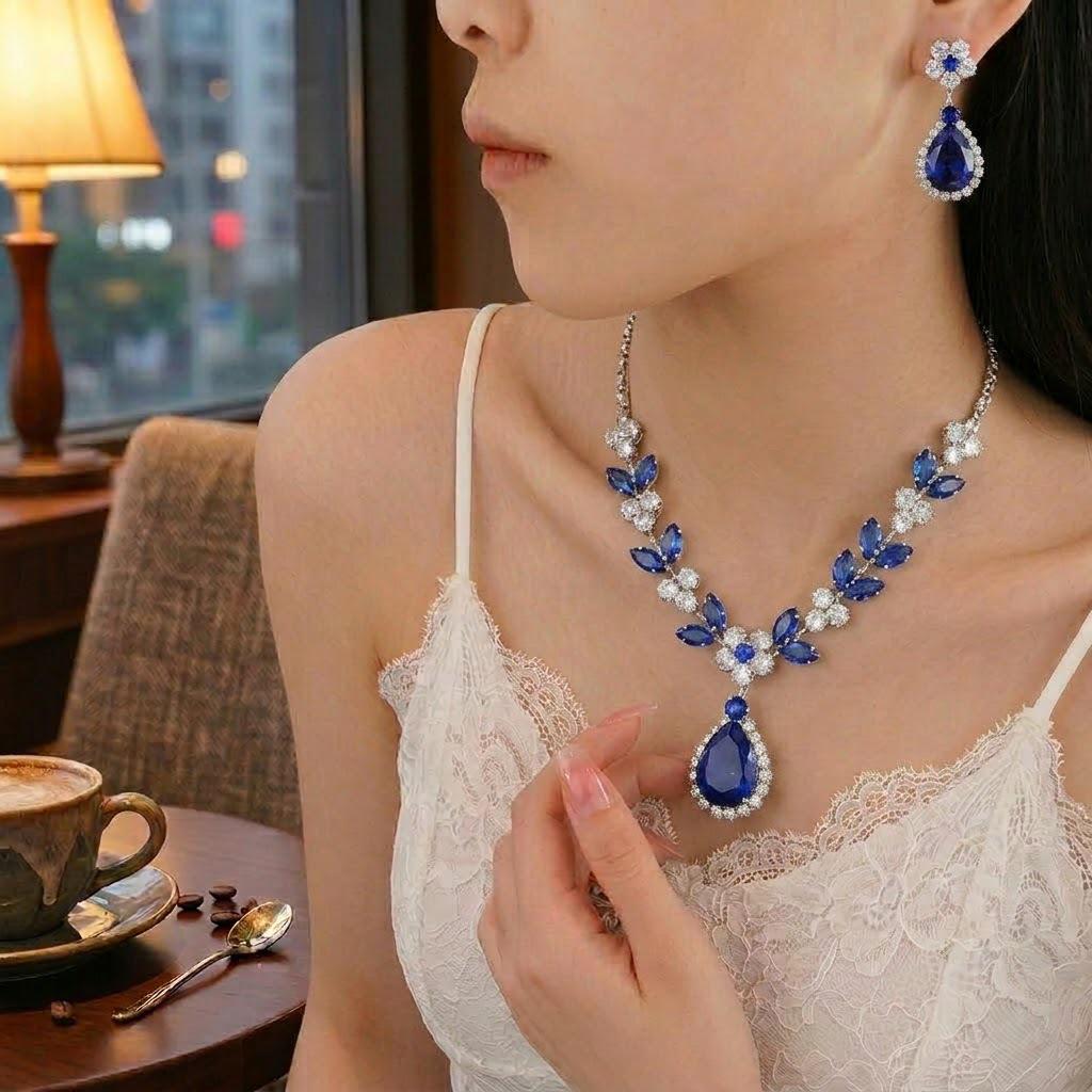 European Style Blue Zircon Water Drop Necklace & Earrings Set