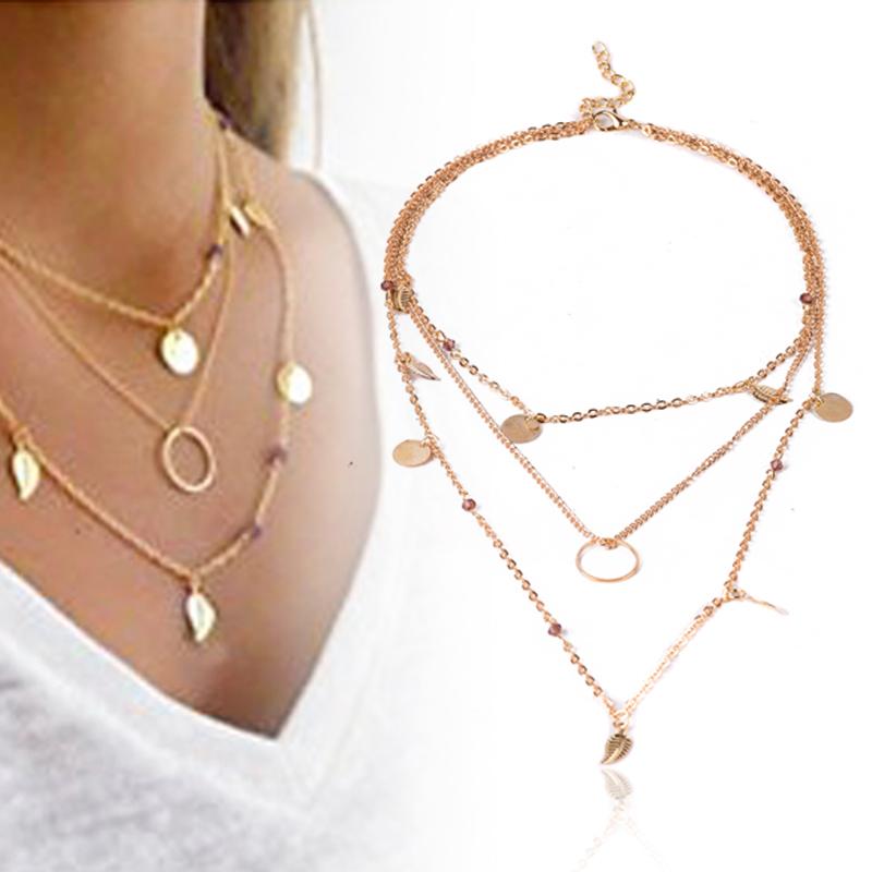 Sexy Bohemian Multilayer Gold Beads Leaf Ring Chain Chocker Necklace Jewelry 