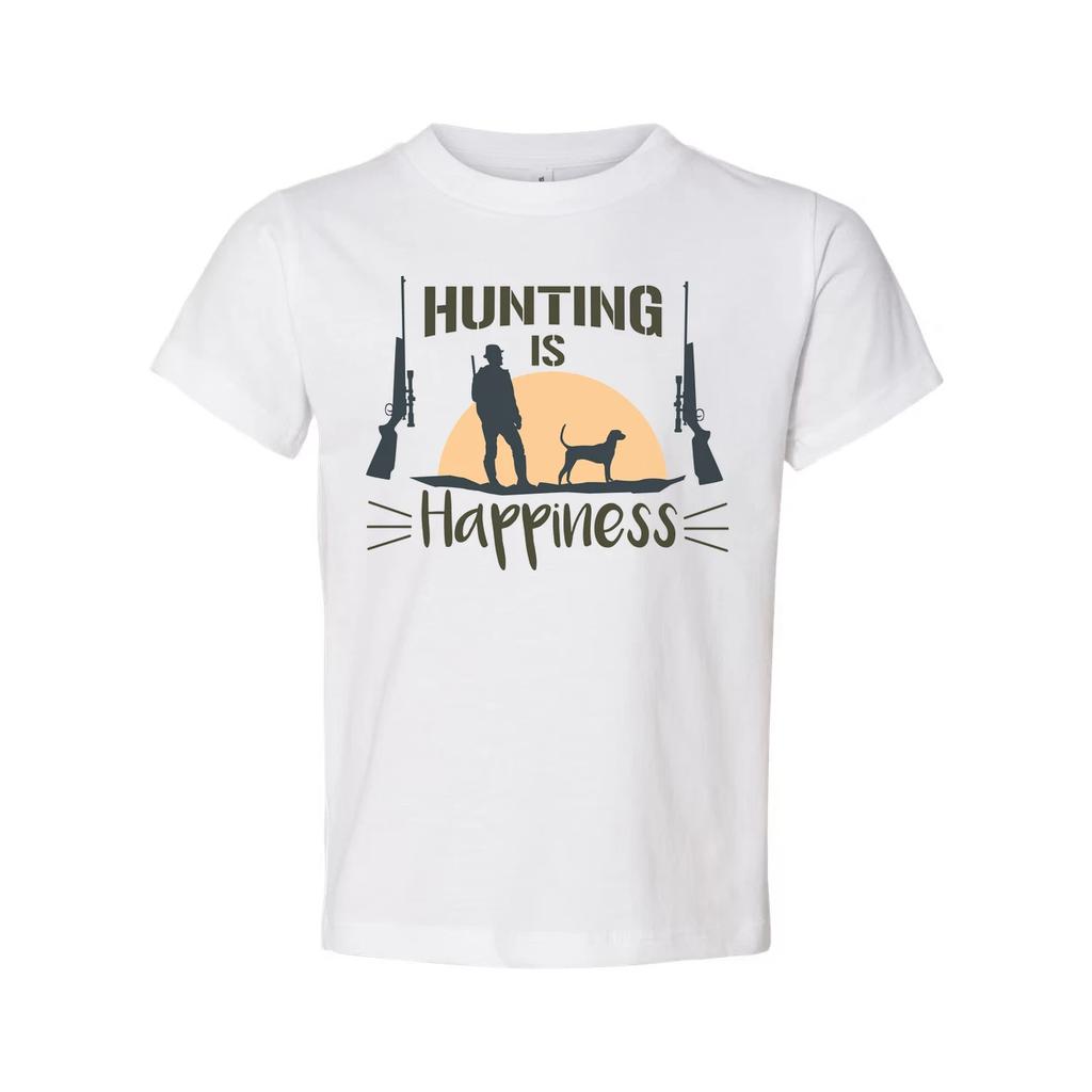 Hunting Is Happiness Unisex Graphic Tee With Hunter Silhouette, Dog, And Sunset