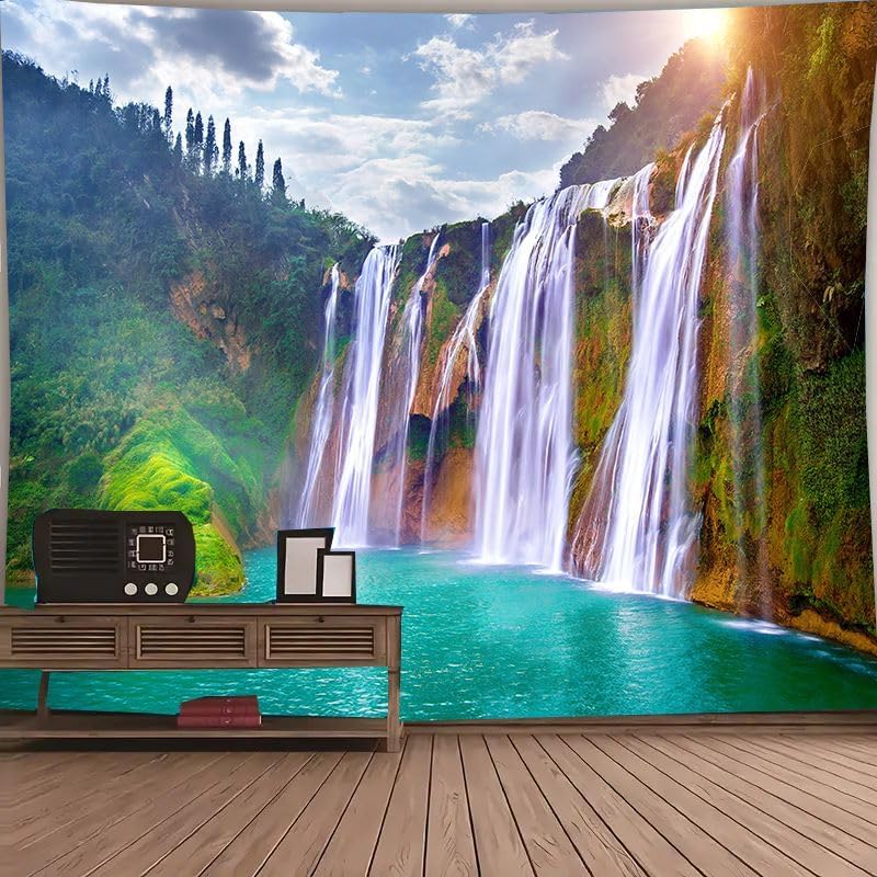 Waterfall Tapestry Backdrop Forest Landscape Tapestry Wall Hanging Lake River Natural Scenery Background Living Room Dorm Decor