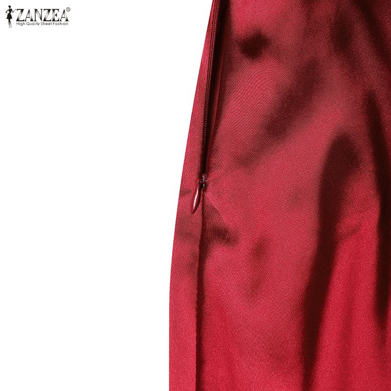 ZANZEA Women Elegant V-Neck Casual Short Sleeve Satin Long Dress