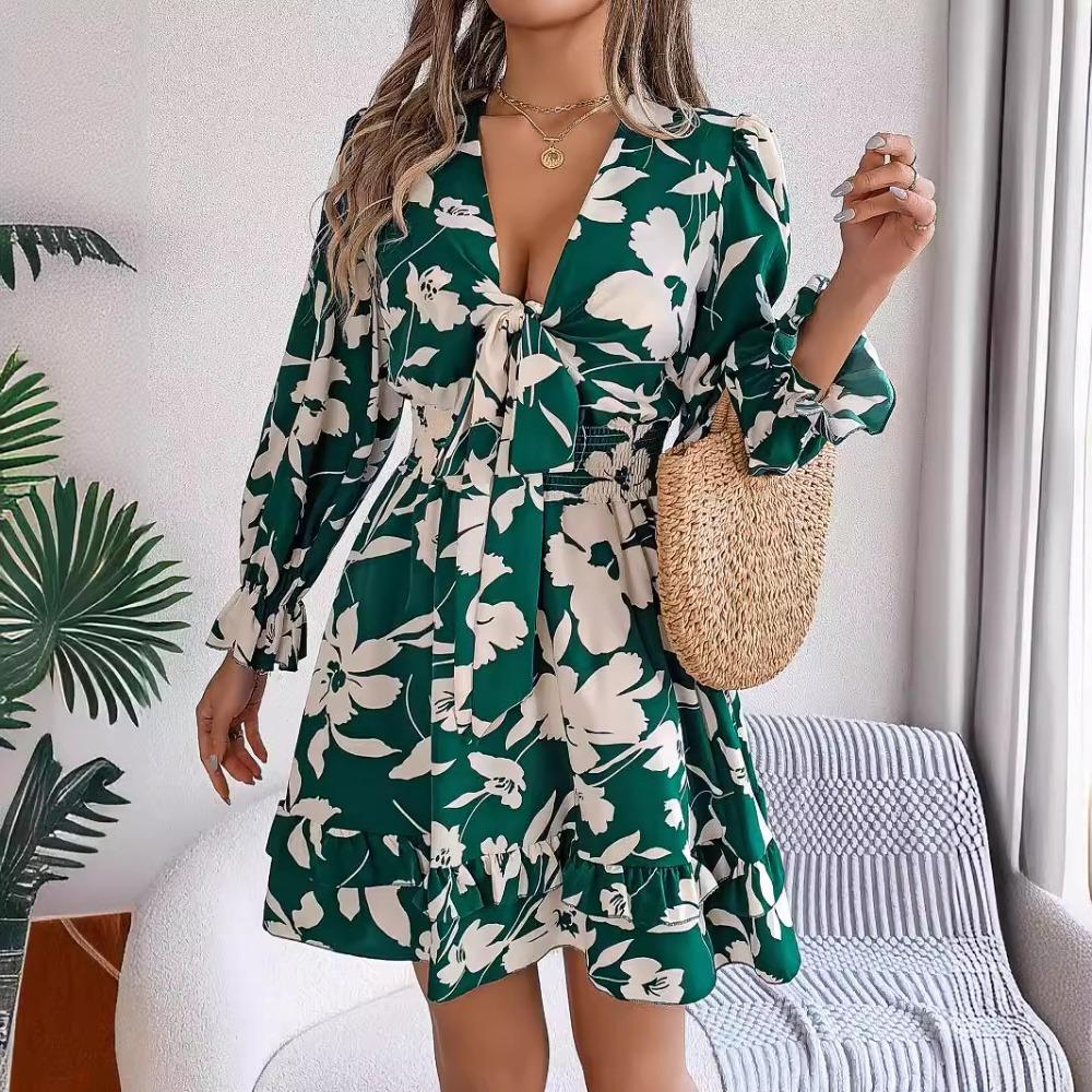 Women's Casual Floral Long Sleeve Wooden Earring A-line Dress Sexy Women's Floral Dresses