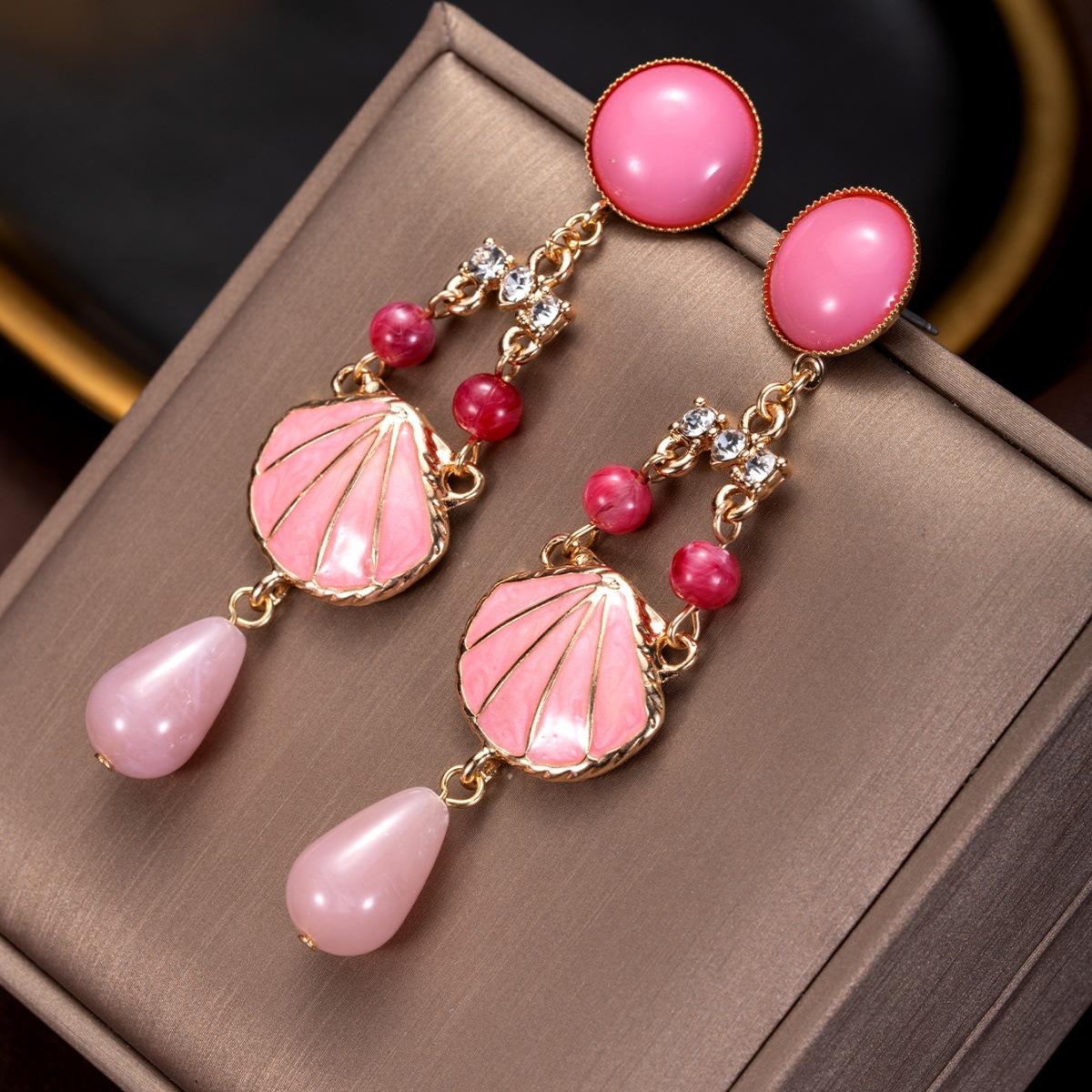 Серьги-гвоздики с дизайном в виде ракушки, розовой капли воды и круга, скрепленные вместе, металл, позолоченные