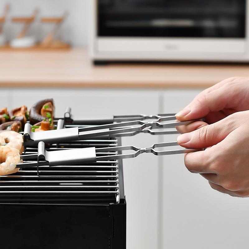 Stainless Steel BBQ Fork Outdoor Portable BBQ Skewer Semi-automatic Double Head BBQ Kebabs