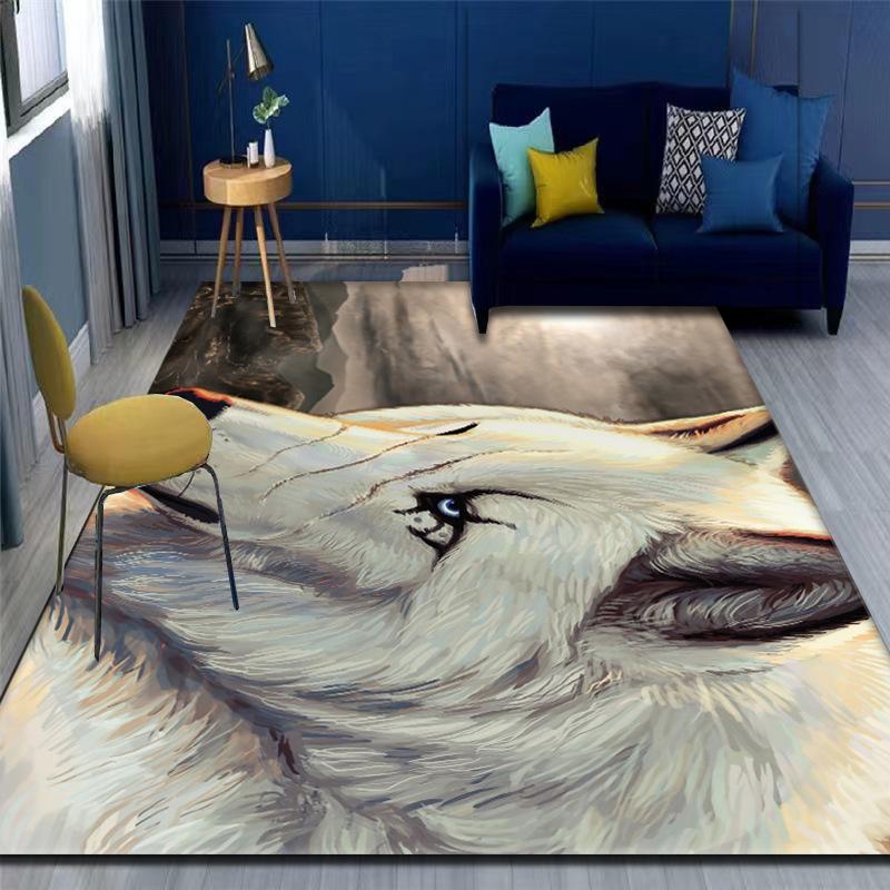 Moonlight Wolf Rug Three Wolves Howling At Full Moon Night Scene Design with Navy Sofa Yellow Chair Modern Home Decor