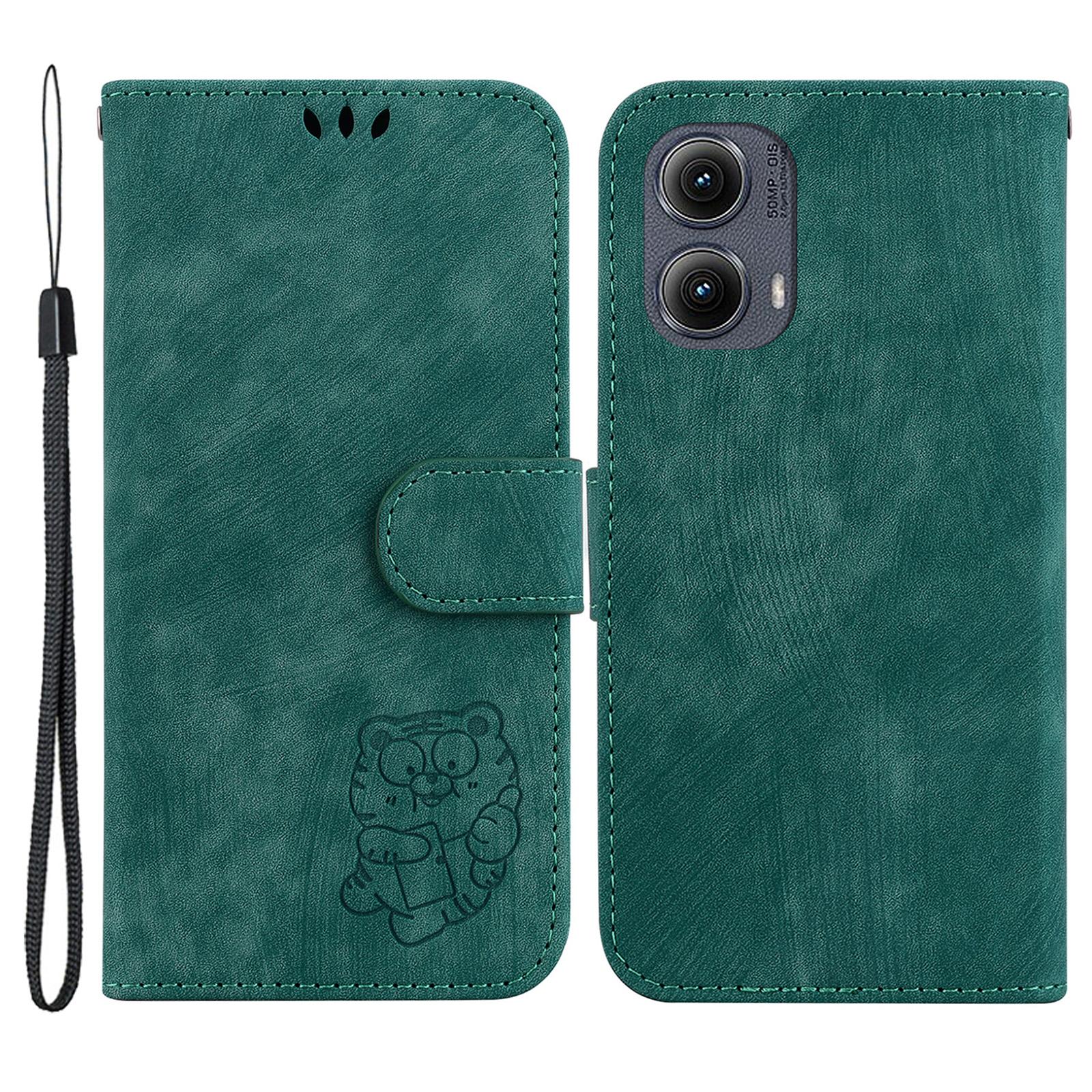 

For Motorola Edge (2024) 5G Stand Case Cute Tiger Imprint Leather Wallet Phone Cover Green
