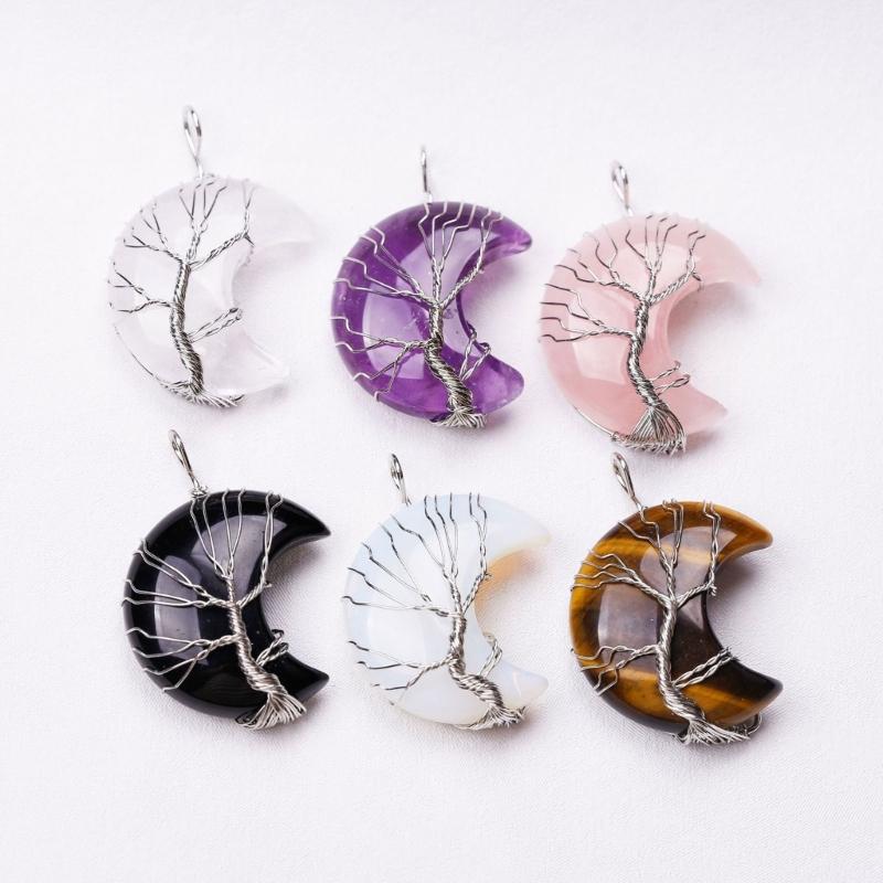 Crescent Pendant Necklace Moon Shape Crystal Necklaces for Women Men Natural Stone Collar Chain Choker Jewelry