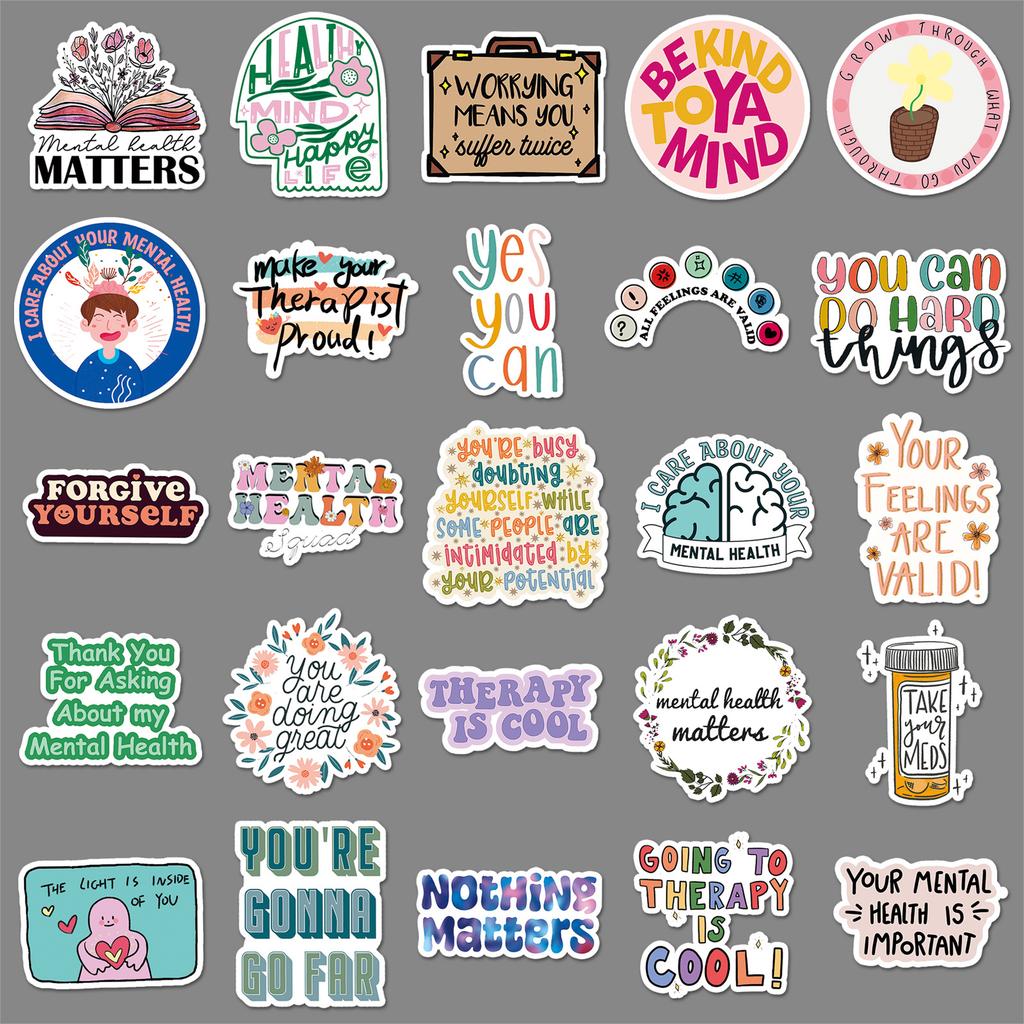 50 Mental Health Doodles Personalized Prevention of Depression English Slogan Decorative Mobile Phone Case Suitcase Stickers