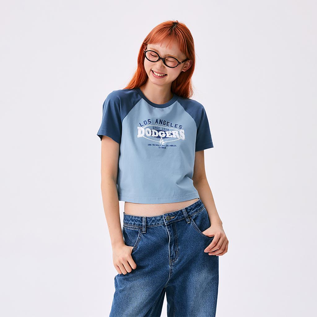 New MLB Preppy Style Collection Los Angeles Dodgers SS25 Raglan Sleeve T Shirt Women's Light Denim 3FTSV0853-07INL