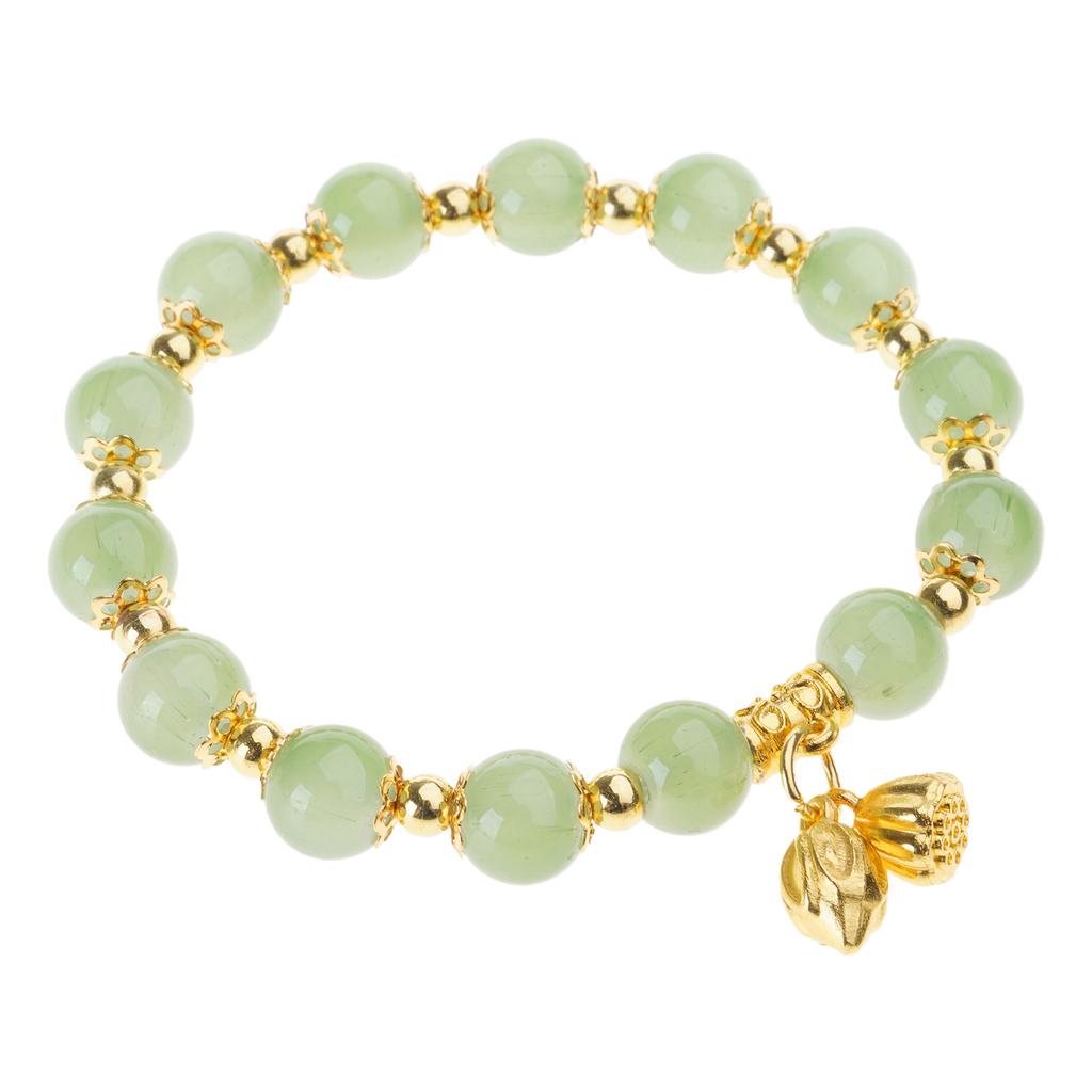 Women Bracelet with Elastic Cord Glass Beads Lotuses Flower Pendant Wristchain Traditional Chinese Style Handchain