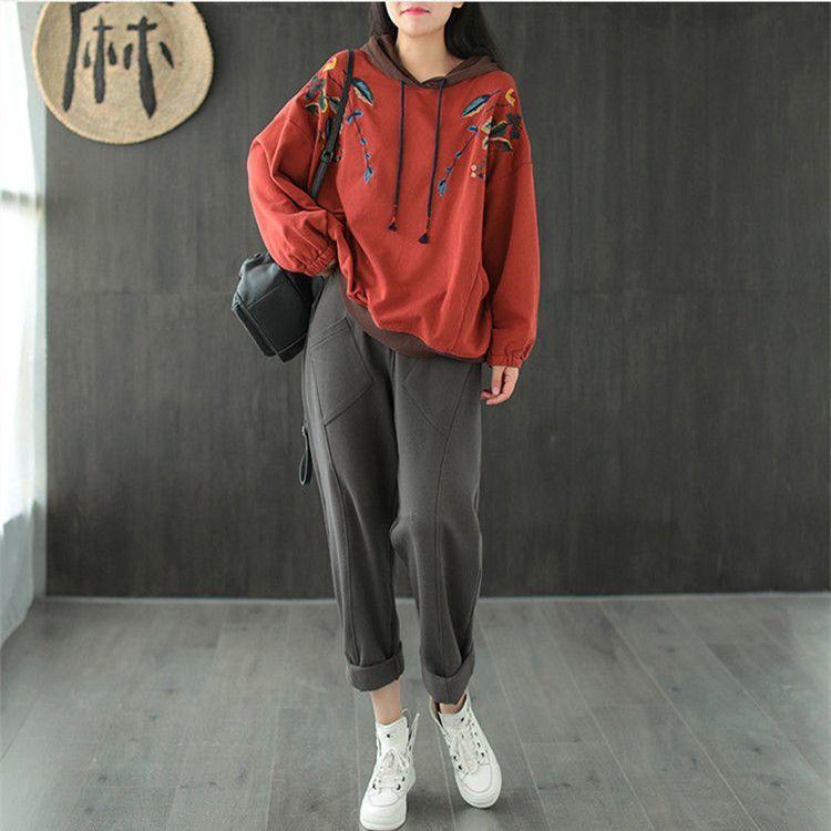 Dámská mikina s kapucí a výšivkou nadměrné velikosti na začátek podzimu, volný pulovr, ležérní dámský top