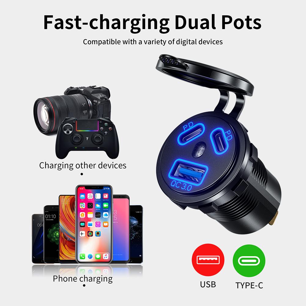 45W USB Charger Socket Dual PD Type-C Power Outlet QC3.0 Car Power Adapter IP66 Waterproof with Switch for Car Marine Motorcycle