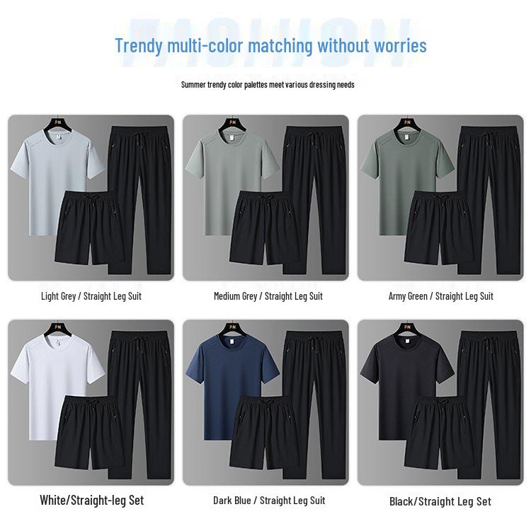 Completo estivo da uomo in seta ghiaccio a tre pezzi: T-shirt Girocollo, Pantaloncini e Pantaloni Lunghi Tuta Sportiva Casual