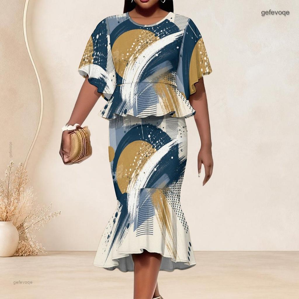 Women Plus Size Navy Golden Printed Round Neck Batwing Sleeve Ruffle Hem Top Fishtail Skirt Two Piece Set