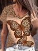 Butterfly & Leopard Print V-neck T-shirt, Vintage Short Sleeve Loose Summer Top, Women's Clothing