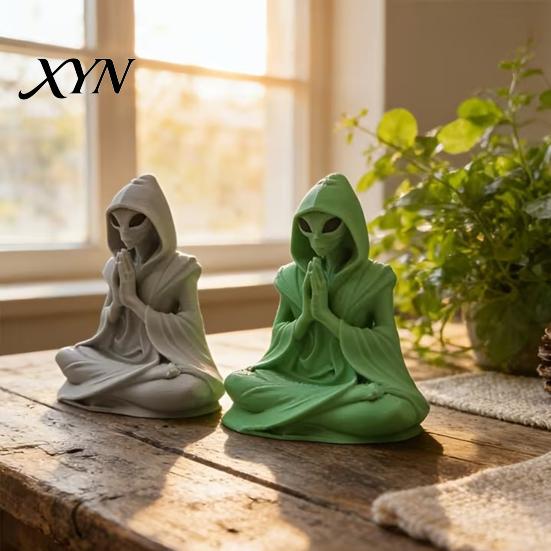 Zen Alien Decor 3D Printed Meditation Statue, Desk Ornament, Unique Desktop Embellishment Cute Extraterrestrial Figurine for Home Office, Sci Fi Gift