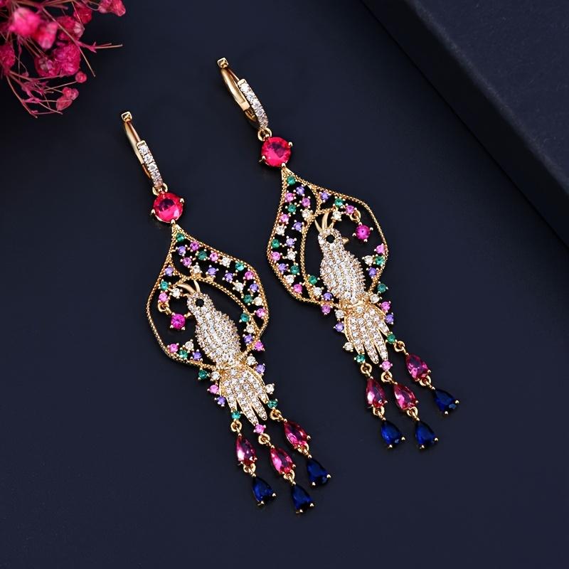 1pc Vivid Lucky Bird Golden Multicolor Synthetic Synthetic Zirconia Pendant Long Tassel Party Drop Earrings for Women Dancing Jewelry