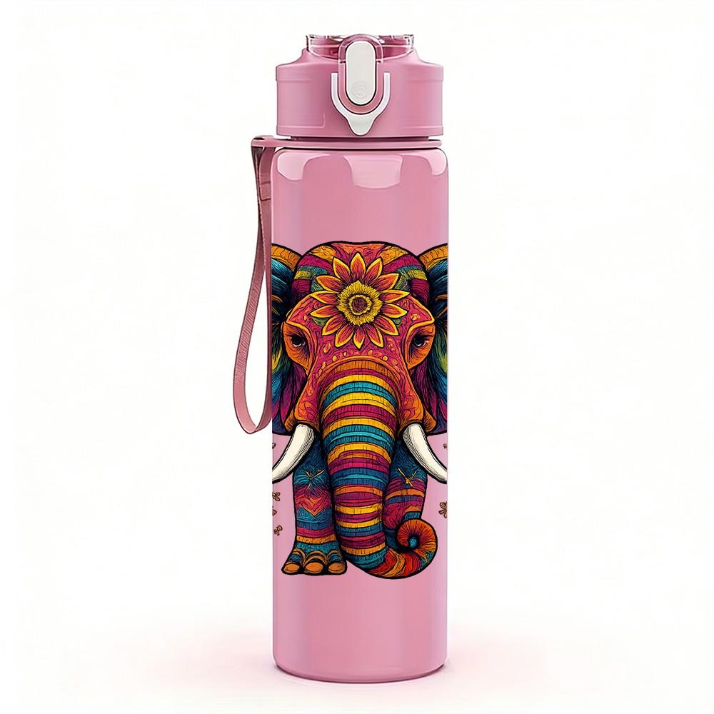 1PC Tribal Floral Elephant 750ml Color Plastic Sports Water Bottle Leakproof Flip Straw Lid Suitable for Sports Office Home Use