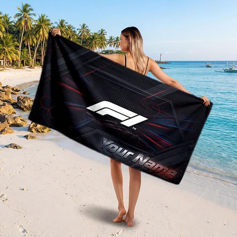 Asciugamano da Spiaggia Personalizzato con Testo Nome F1, Asciugamano Morbido Assorbente per Spiaggia Piscina Viaggio Regalo Personale