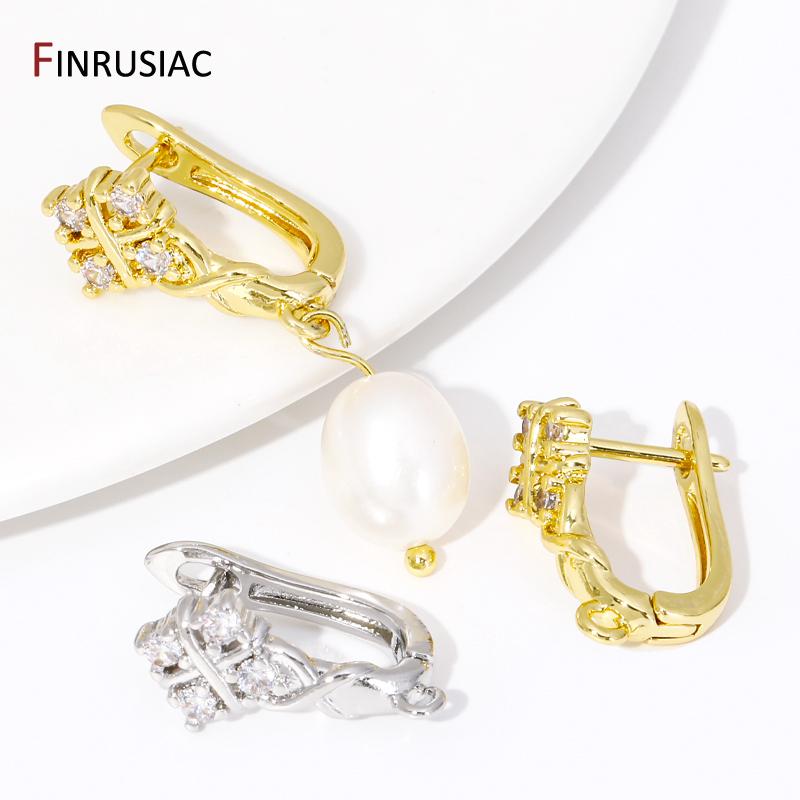 18K Gold Plated Brass Inlaid Zircon Earwires Fixtures,Hollow Shvenzy Earring Hooks Clasps For DIY Earring Making Findings