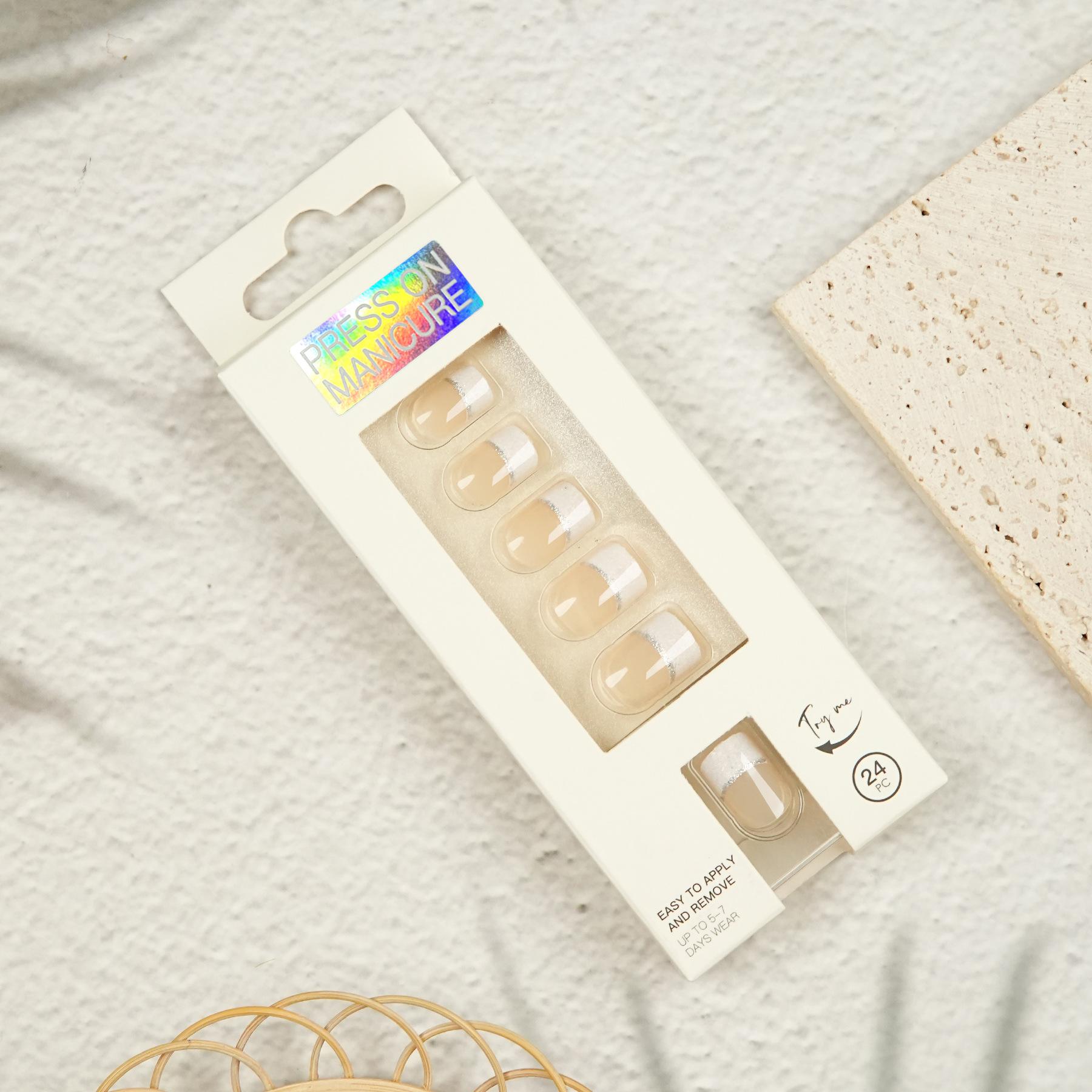 

Short Square Wearable Armor White French Skin Color European and American Simple 24-piece Finished Manicure Silver Thread Short Nail Patch