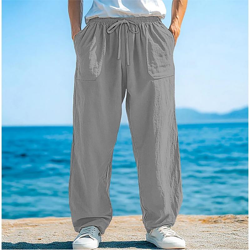 Men Linen Casual Pants Elastic Drawstring Waist Loose Wide Leg Side Pockets Summer Beach Long Trousers
