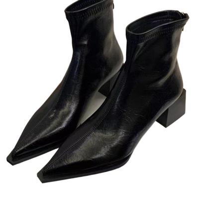 Mode Puntige Neus Moderne Dames Korte Laarzen Schoenen Vrouwelijke Vierkante Hakken Vrouwen Enkel Stretch Laarzen Ritsen Schoenen Pumps 35-42