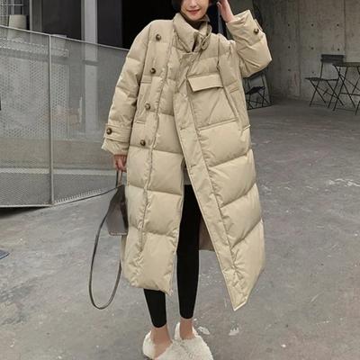 Stehkragen Winddichte Mäntel Winter Damen Knöpfe Große Taschen Langer Parka Verdickte wärmere Baumwolljacke Koreanische Pufferjacke