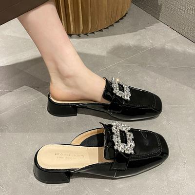 Marque Talons Mi-Hauts Chaussures Femme Pantoufles Cristal Nouvelles Sandales Slingback Épaisses Printemps Escarpins Décontractés Dames Mules Chaussures Bout Carré