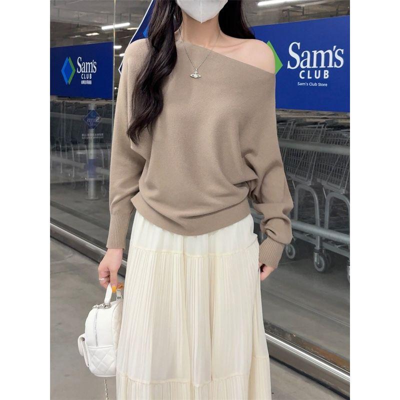 Kumikumi Gentle Temperament Sloping Shoulder Long Sleeve Knit Women Clothes Autumn Slimming All-Match Solid off-Shoulder Top