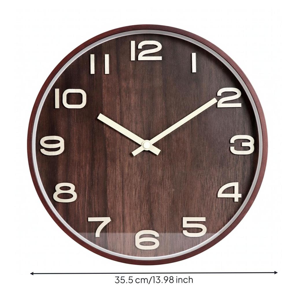 Round Wall Clock with Wood Frame Long-Lasting Quartz Glass Front