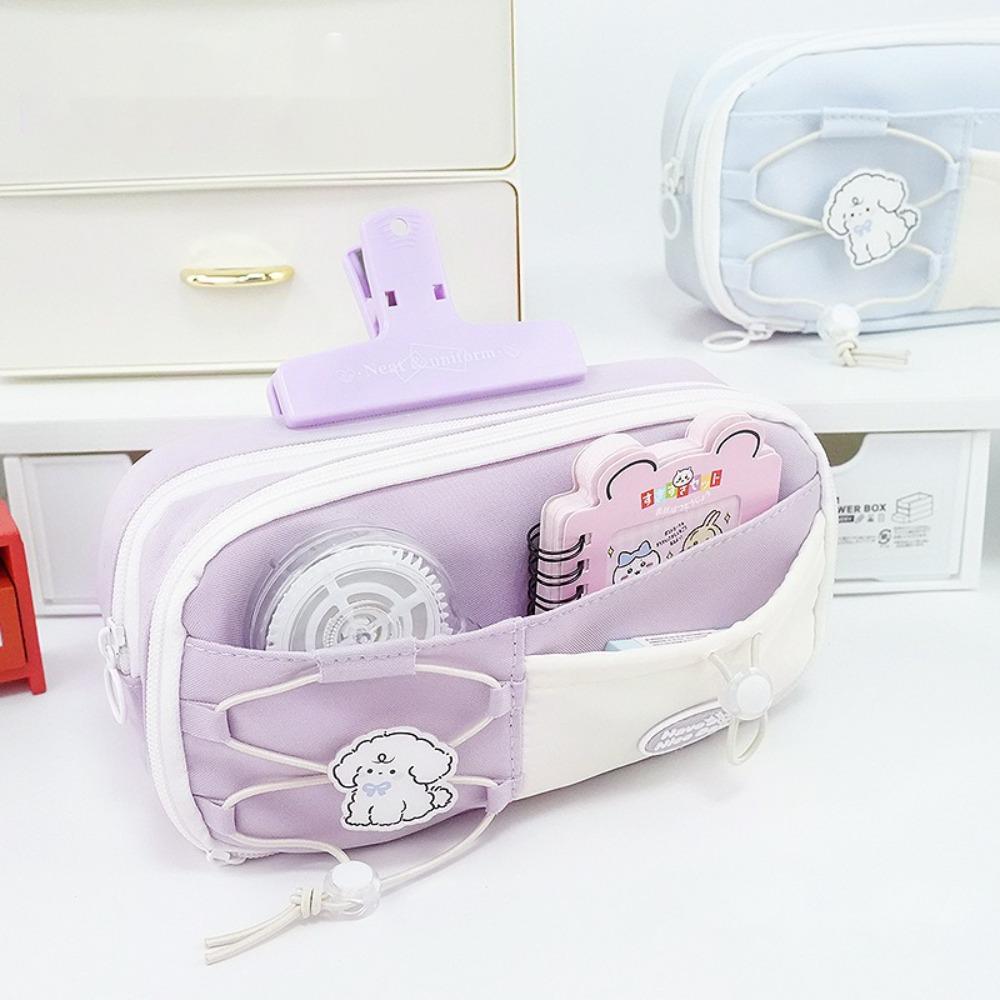 

Портативная сумка для ручек на кулиске, большая вместимость, многослойная сумка для канцелярских принадлежностей, грязеотталкивающий пенал, школа, офис фиолетовый