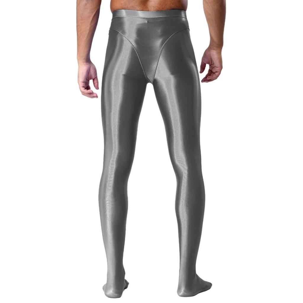 Męskie błyszczące legginsy o wyglądzie mokrej skóry Błyszczący elastyczny pas Wzór ze stopami Dopasowany krój Obcisłe spodnie-rajstopy