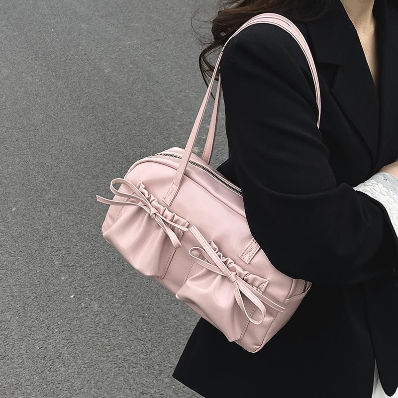 Sweet Bow Pleated Design Women Shoulder Bags Double-pocket Large Capacity Ladies Underarm Bag Solid Color Female Handbags Tote