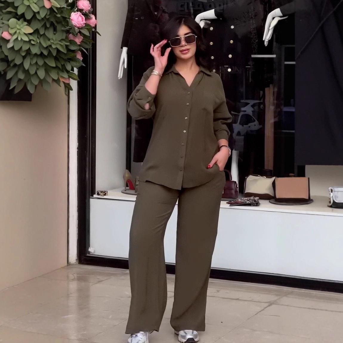 

2025 Women s Autumn Boutique Casual Button Shirt and Pants Two-Piece Set L