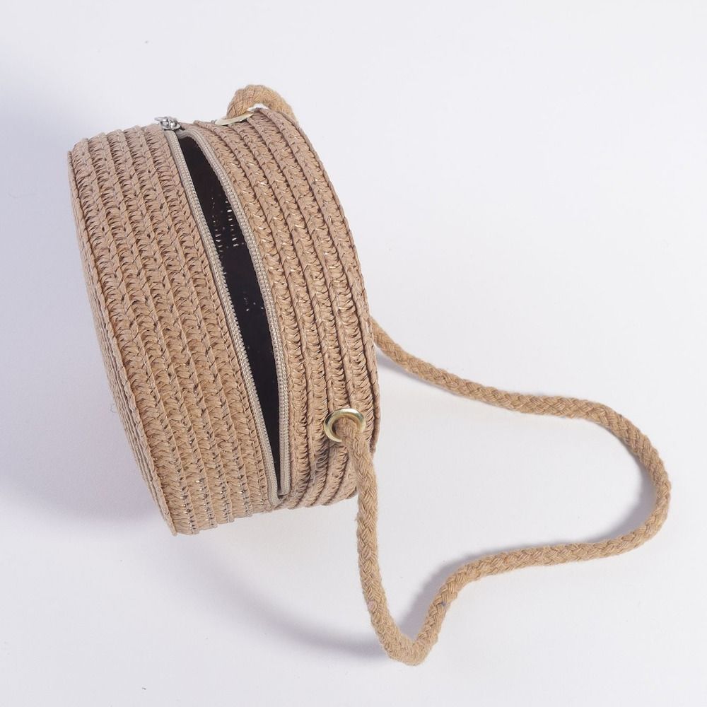 Cute Lace Bow Straw Bag Hand-woven Lightweight Beach Bag Zipper Round Kids Crossbody Purse