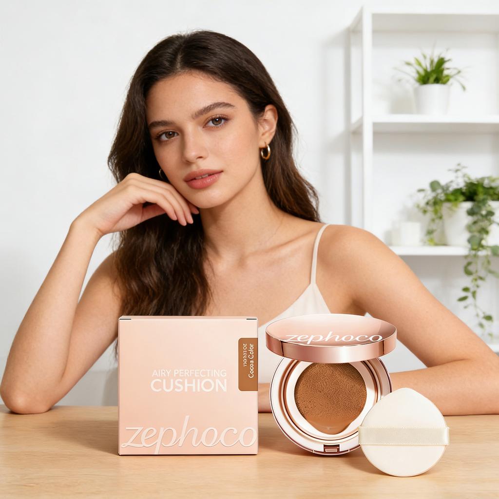 Lightweight and Flawless Cushion Foundation Cocoa Color Lightweight and Breathable Foundation Provides a Smooth, Hydrated Finish