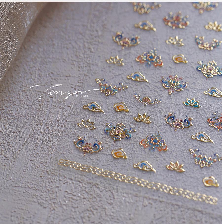 5D Floral Pattern Totems Vintage Gold Lotus Auspicious Colored Cloud Nail Art Sticker Chinese Self Adhesive Manicure Decal