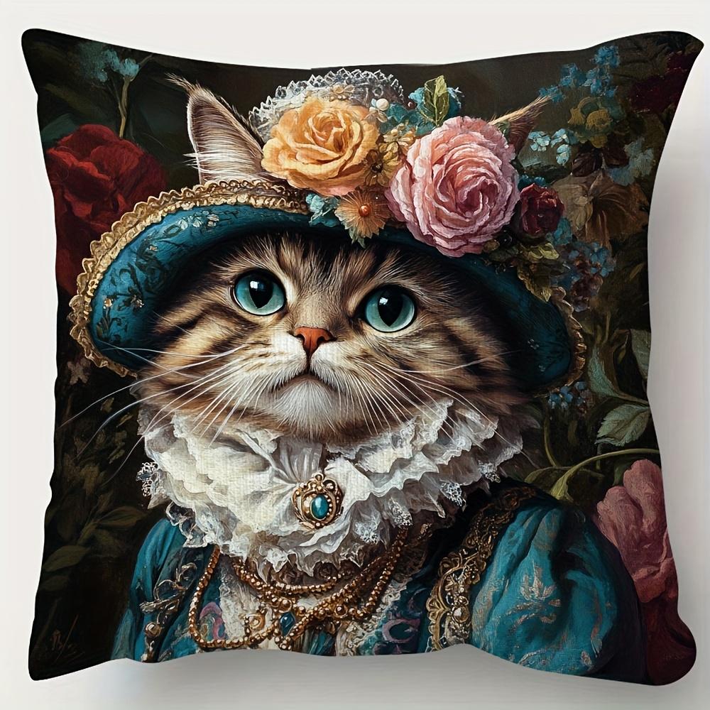 2D Flat- Vintage Royal Cat Throw Pillow Cover Victorian Floral Lady Cat Decorative Pillowcase For Sofa Bedroom Living Room