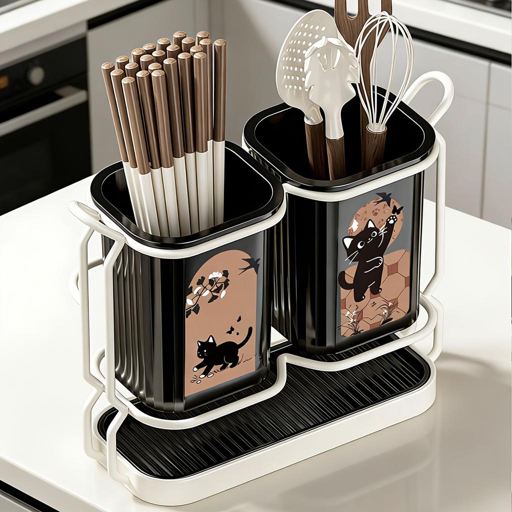 Two-tone carbon steel cutlery rack with cat print, dual installation ways and drip tray, stores knives and kitchen utensils.