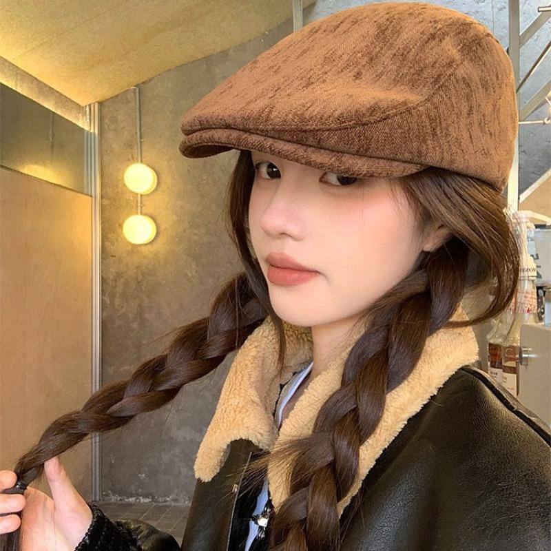 Hat Female Corduroy Forward Hat Autumn and Winter Warm Versatile Beret Big Head Circumference Show Face Small Newsboy Hat