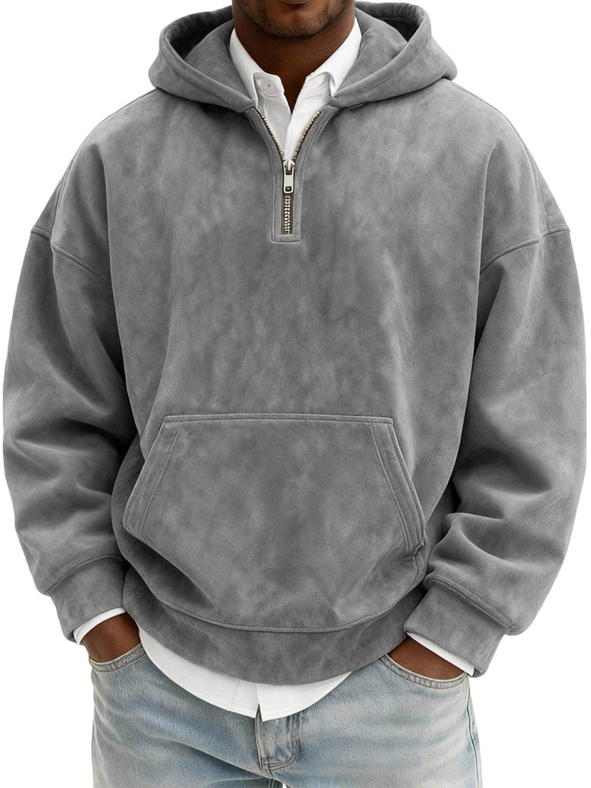 

Men s Custom Distressed Half-Zip Solid Color Hooded Sweatshirt - Autumn/Winter New Style with Embroidered Print Small сірий колір