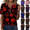 Women's Halloween V-Neck Short Sleeve Button Down T-Shirt with Fun Print