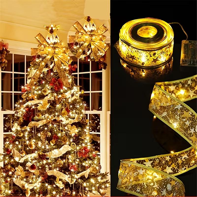 Christmas Ribbon Fairy Lights Home Decor 2025 DIY Bow String Lights Tree Ornaments Christmas Decorations New Year 2026