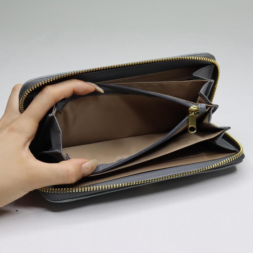 Long Large Round Quilted Elegant [Luciano Valentino] Women's Wallet, Capacity, Zipper, Stripe, High-End Look, (Gray)