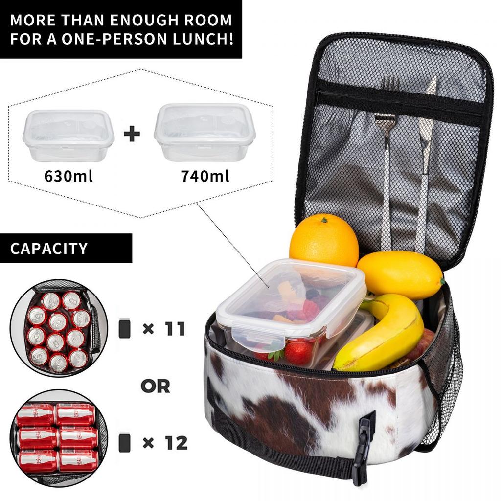 Brown White Cowhide Pattern Insulated Lunch Bag for Kids School Cooler Thermal Food Box Tote Portable Lunch Boxes Container