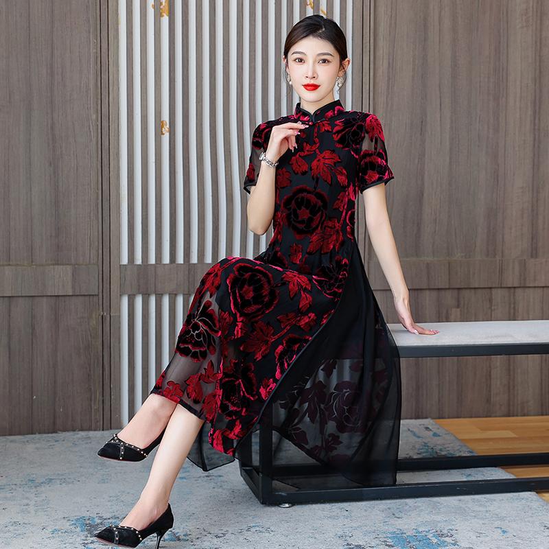 

Летние улучшенные кружевные женские платья Cheongsam, винно-красные платья, элегантные платья для мам среднего возраста